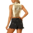 thumbnail image 3 of MODA NOVA Juniors’s Mock Neck Zipper Front Sleeveless Holographic Sparkle Party Tops Gold XL, 3 of 6