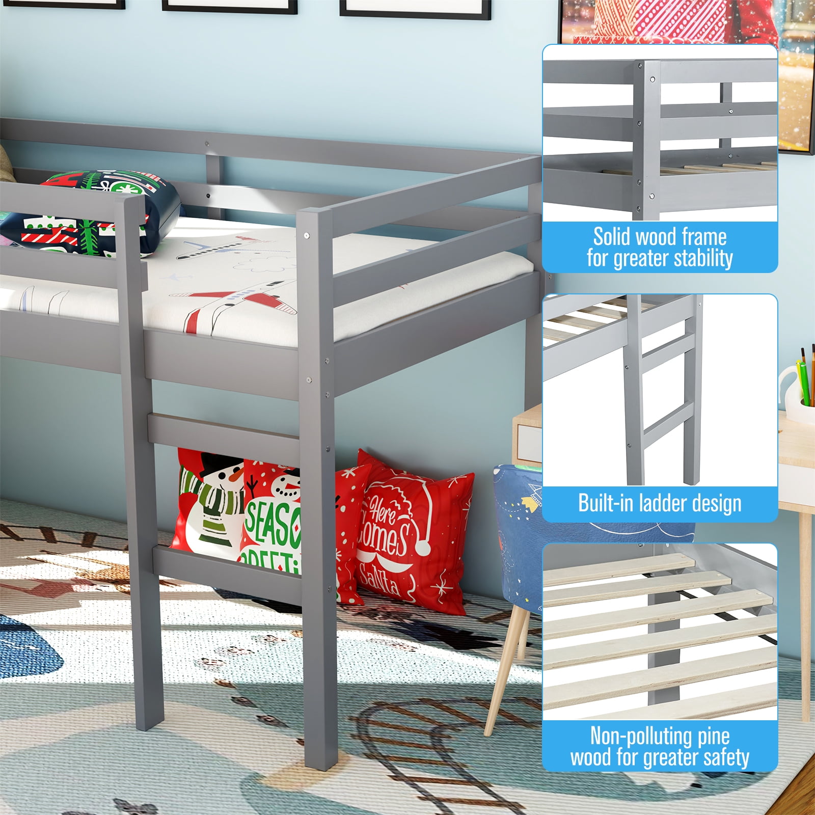 Miniyam Wood Twin Size Loft Bed for Kids, Space-Saving Design, Gray