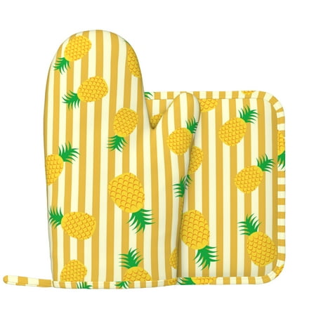 

Tropical Plants Pineapple Oven Gloves Pot Clip Set Non slip Cooking Gloves Kitchen Gloves Microwave Oven Barbecue Washable and Heat Resistant Oven Left Hand Cover