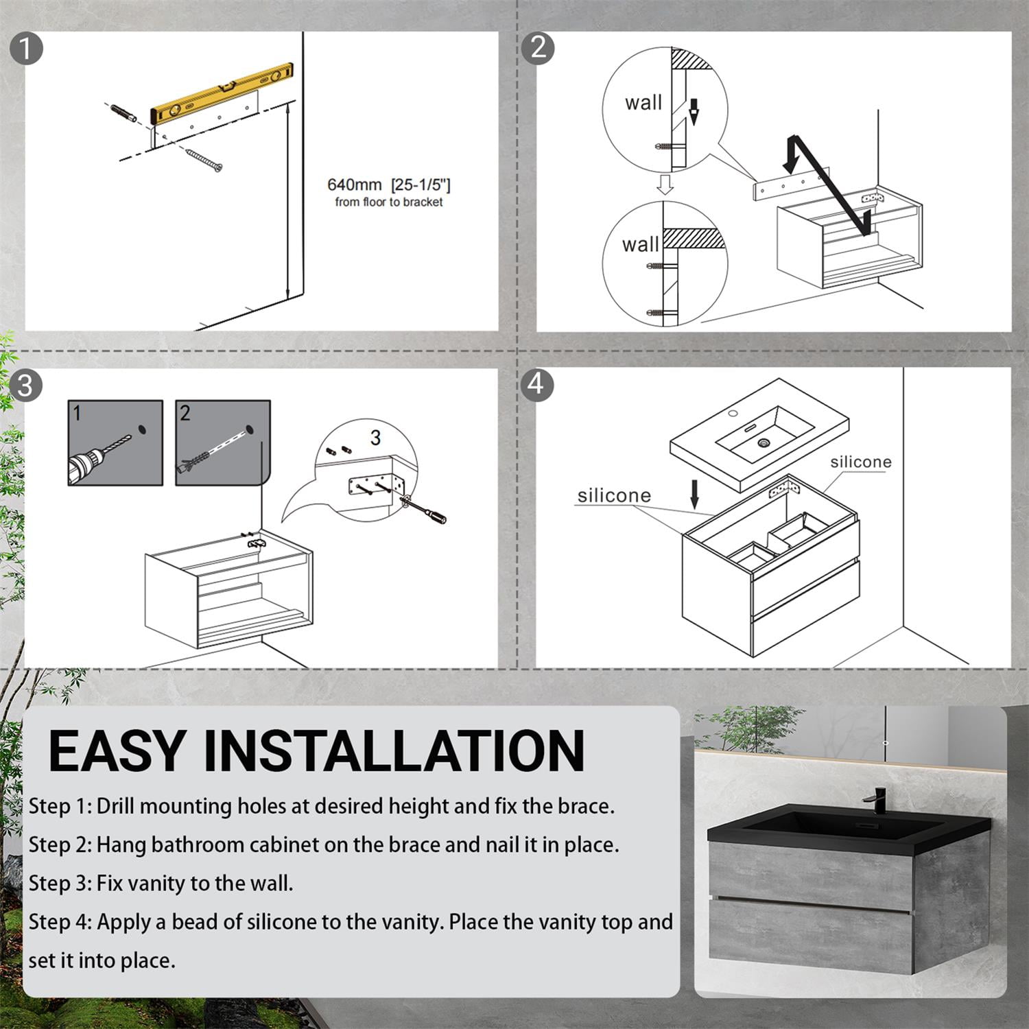 Demi Bonn 35" Floating Bathroom Vanity with Sink, Black Quartz Sand Top Basin and 2 Soft Close Drawers, Faucets and Drains Not Included, Gray