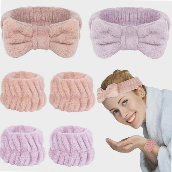 6 PCS Face Wash Headband Wrist Washband Set,Hair Bows, Spa Headband Makeup Skincare Headbands,Wrist Bands For Washing Face,Headbands For Women And Girls (White,Pink,Purple,Grey)