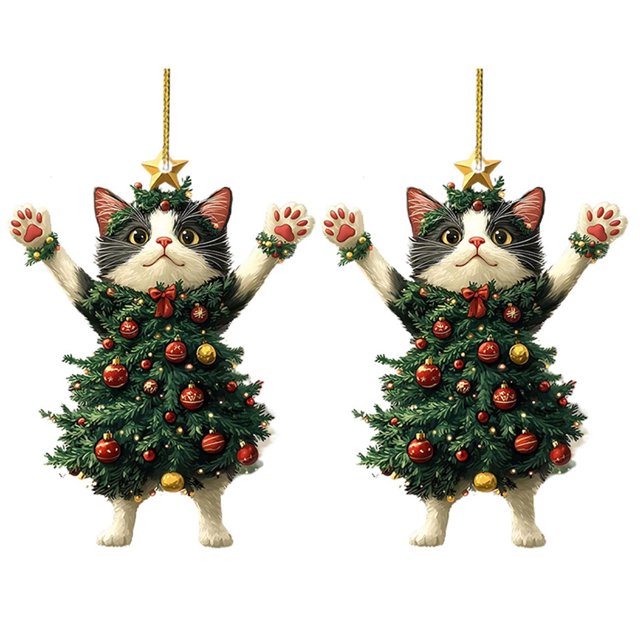 Gato navideño en árbol de Navidad Adorno colgante acrílico 2D Charm para espejo retrovisor del coche Regalos navideños para amantes de los gatos
