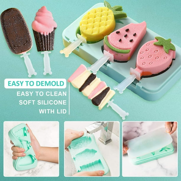 Cute Popsicle Molds Silicone Ice Pop Molds Homemade Popsicle Silicone Mold  with 100pcs Popsicle Sticks Reusable Easy Release Ice Pop Maker (Pineapple)