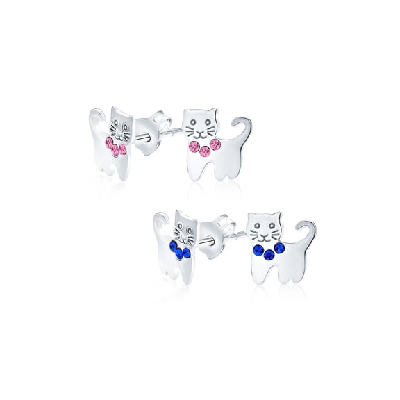 Bling Jewelry Womens Set of 2 Mini Petite Blue Pink Crystal Cat Stud Earrings in Sterling Silver
