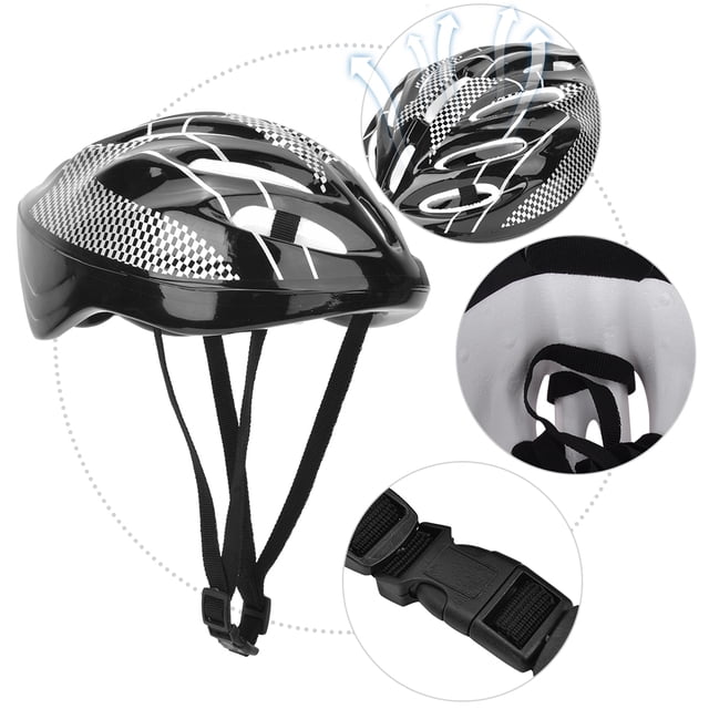 juego de equipo de protección para deportes para adultos 7 en 1 patinaje sobre ruedas casco de bicicleta rodilleras coderas y anggrek otros Casco negro con motivos blancos y patrón tipo tablero, vista frontal y superior centrada; correa de nylon ajustable con cierre de hebilla y acolchado interior de esponja transpirable visible, carcasa de PE y malla de aire según especificación; adecuado para adultos y uso en patinaje o ciclismo, el conjunto también incluye rodilleras, coderas y guantes según la ficha.