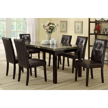 - Beautiful Seating 7pc Dining Set Brown Tufted Faux Leather Chairs Cushion Comfort Side Chairs Faux Marble Top Dining Table Furniture