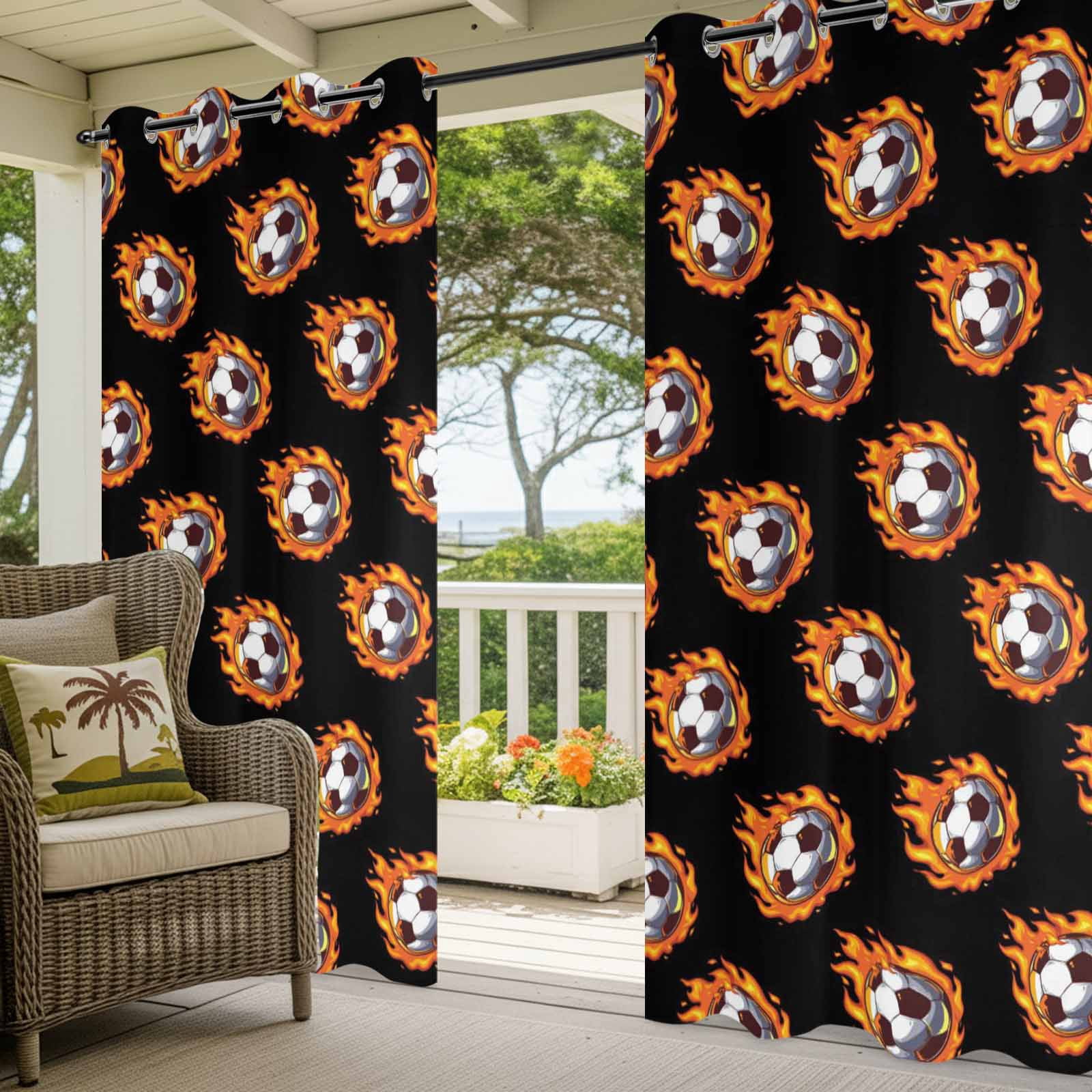 Dark Flaming Soccer Outdoor Curtains for Patio, Sports Orange Yellow Soccer Ball Black Background Sunshade Privacy Drapes Grommet Waterproof Outside Curtains for Porch Balcony 54"x108", 1 Panel