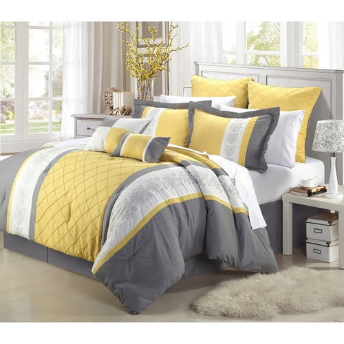 Details about   Gray Grey Yellow Floral Embroidered Stripe 8 pc Comforter Set Queen King Bedding 