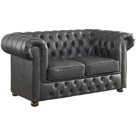 Pemberly Row Faux Leather Tufted Chesterfield Loveseat in Gray and Brown