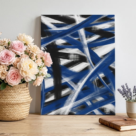 Abstract Blue Waves Canvas Wall Art for Living Room, Modern Minimalist Blue Black White Crossed Lines Poster Print Painting for Bedroom Office Home Decoration Wall Pictures Prepare To Hang 8"x10"