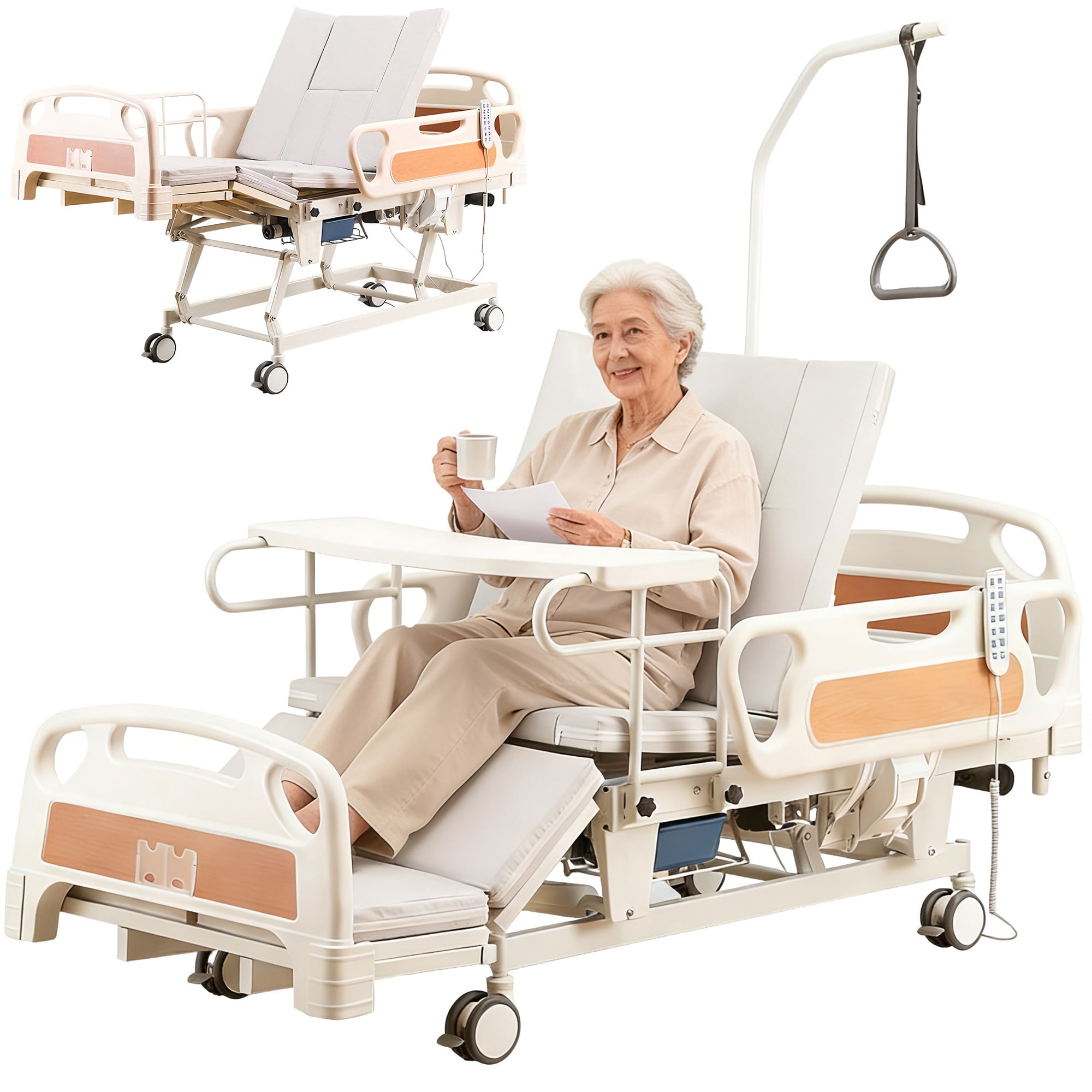 10-Function Full Electric Hospital Bed with Lateral Tilting for Home Use, 18"–29" Height Adjustment, Built-in Commode, Mattress, Locking Casters, IV Pole & Dining Table, 2 Sheets, 550lbs Capacity