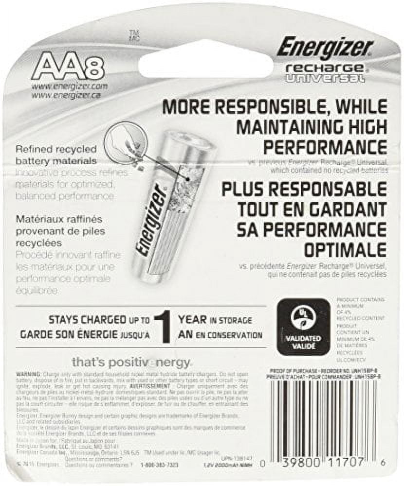 Energizer Rechargeable AA Batteries, NiMH, 2000 mAh, Pre-Charged, 8 count (Recharge Universal)