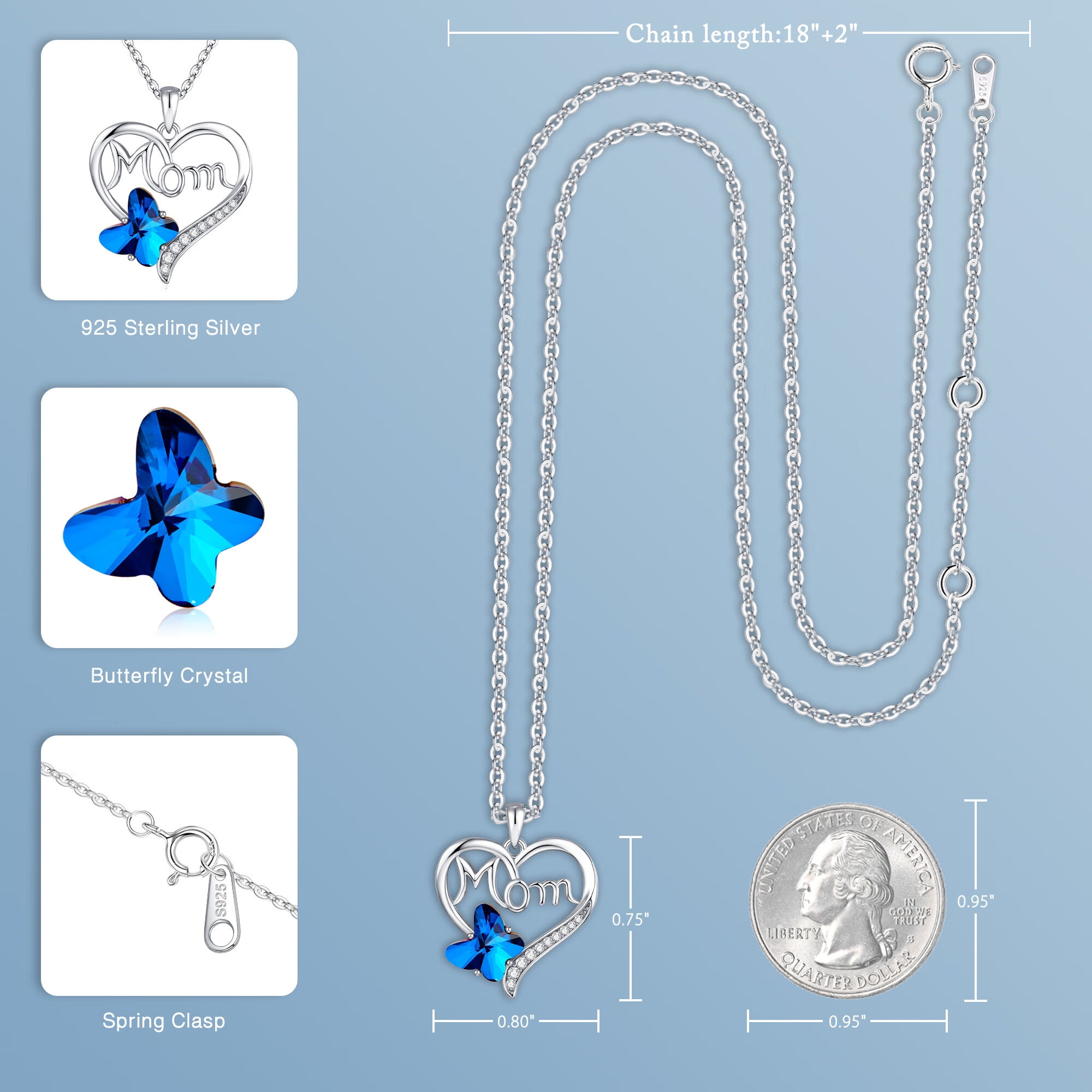 Turandoss Mom Gifts Butterfly Heart Necklaces 925 Sterling Silver Blue Butterfly Crystal Trendy Jewelry for Women Mothers Day Gifts Valentines Day Birthday Gifts for Mom