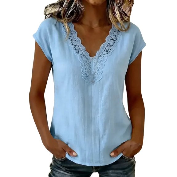 WCJM Womens Top Casual Dressy Lace Summer Tee 2026 Cap Sleeve Cute Basic Trendy Spring Outfit (Light Blue,M)