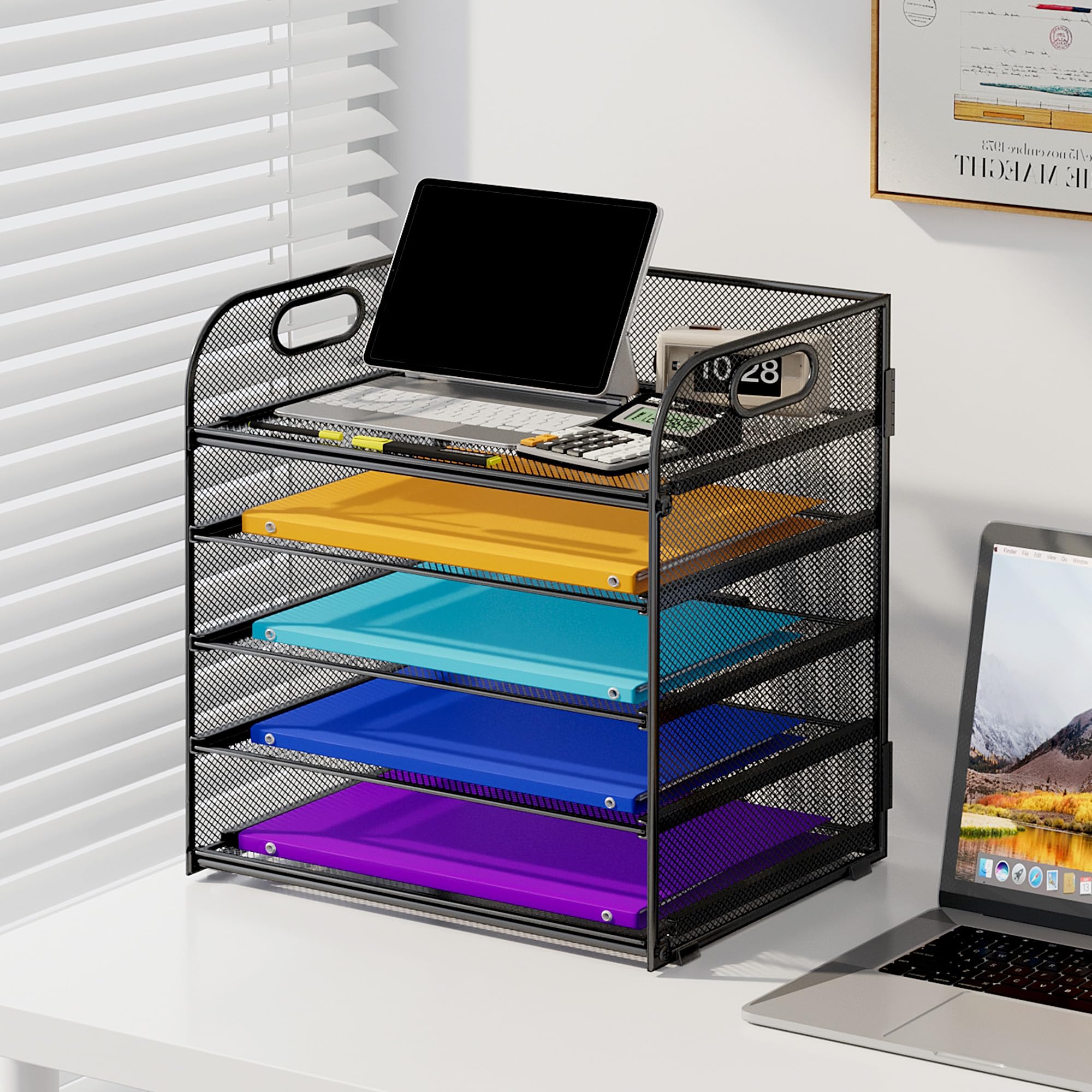 5 Tier Paper Organizer With Handle  Black Metal Mesh Desk File Folder Letter Tray Desktop Document Sorter For Classroom School Office Accessories Organization And Storage