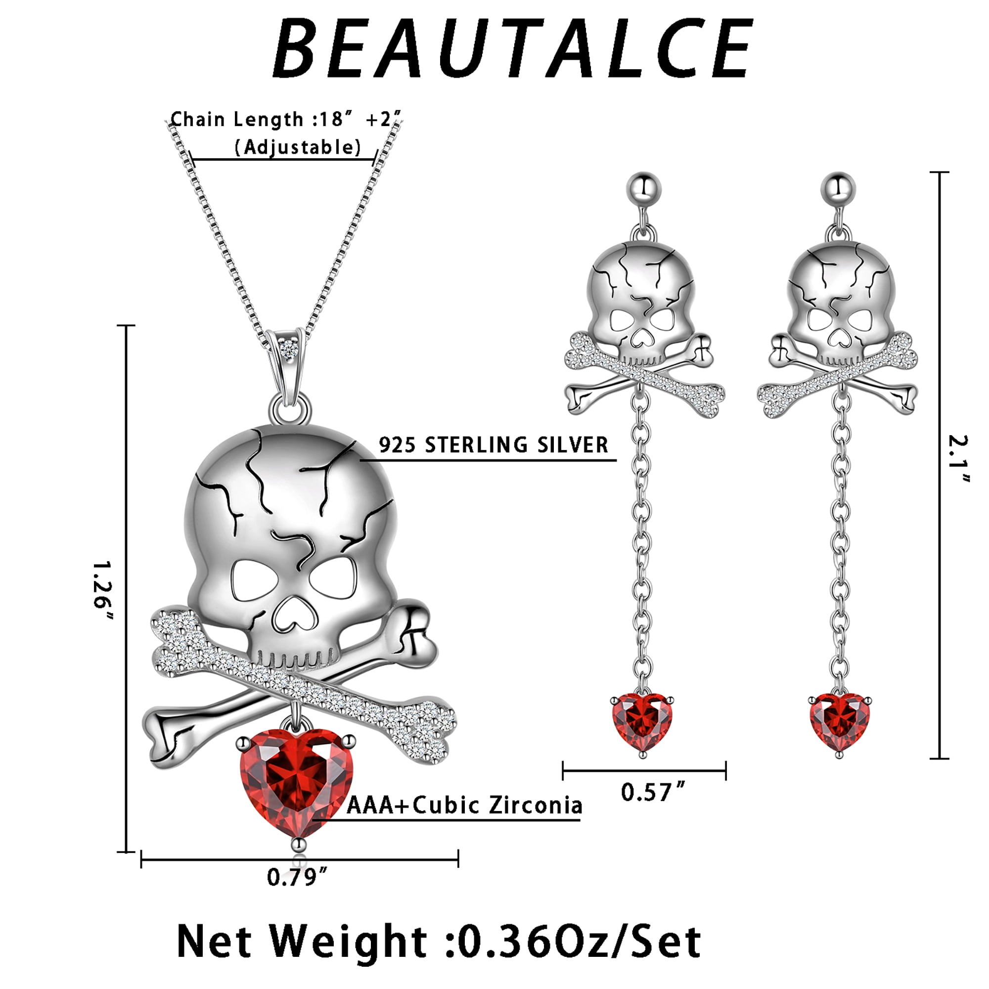 Beautlace 925 Sterling Silver Skull Jewelry Set,Halloween Skeleton Skull Pendant Necklace/Drop Dangle Earrings Gothic Vintage Skull Jewelry Set for Women