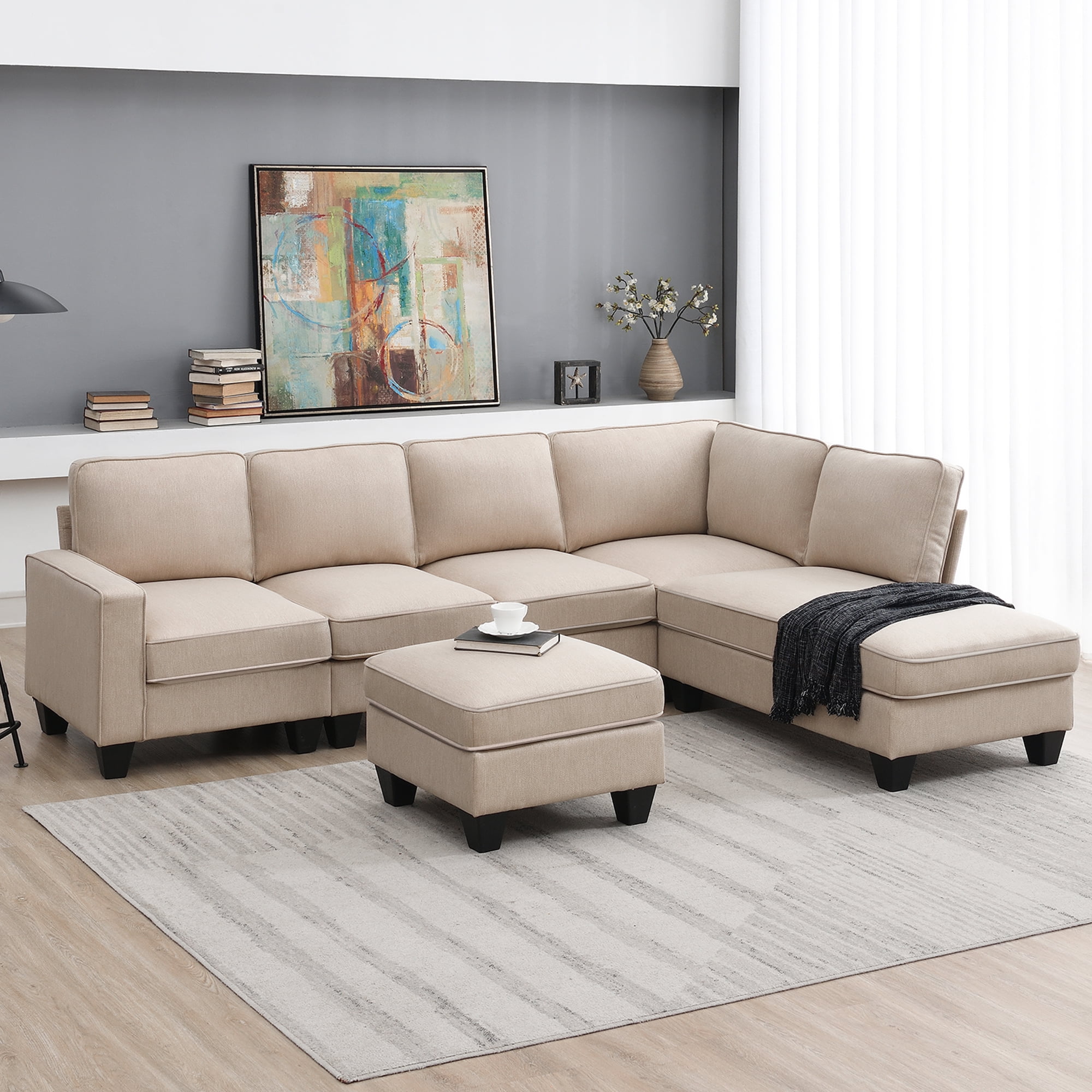 L shape combination 7 seater khaki living sofa