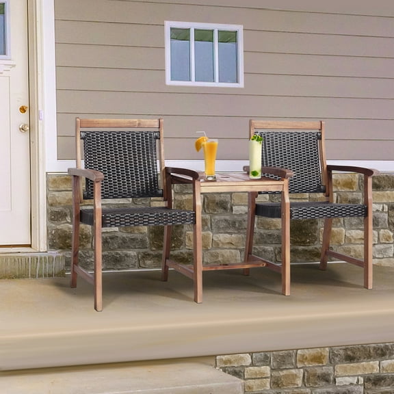 Gymax Patio Acacia Wood Conversation Companion Bench Loveseat Chair with Side Table