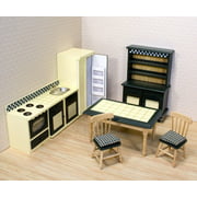Melissa & Doug Classic Wooden Dollhouse Kitchen Furniture (7 pcs) - Buttery Yellow/Deep Green