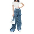 thumbnail image 1 of Vaqueros holgados de cintura alta para mujer, pantalones de mujer con bolsillo con solapa, ajuste relajado de pierna ancha recta, jeans cargo de moda Y2K, 1 of 7