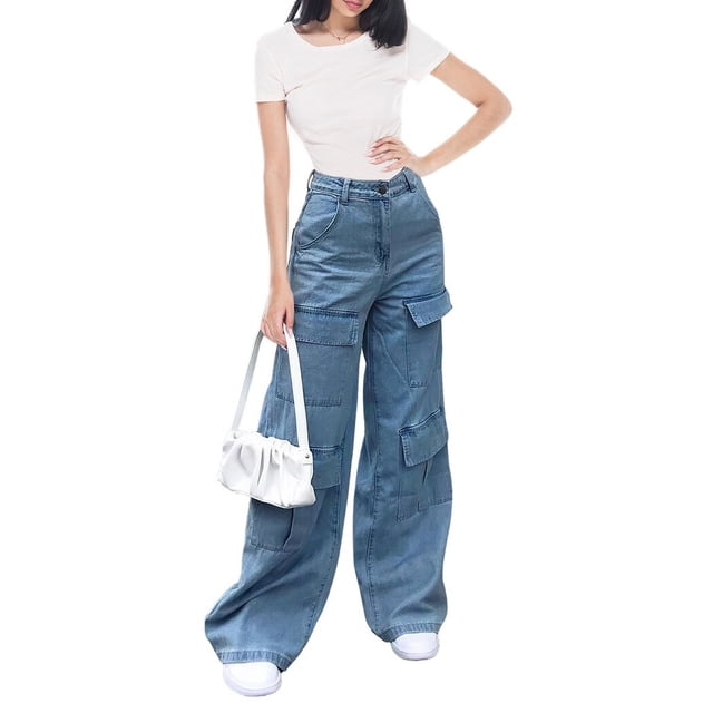 Vaqueros holgados de cintura alta para mujer, pantalones de mujer con bolsillo con solapa, ajuste relajado de pierna ancha recta, jeans cargo de moda Y2K
