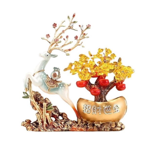 Adorno Feng Shui de árbol de dinero de cristal, decoración de mesa con ciervo for la prosperidad y la riqueza del hogar