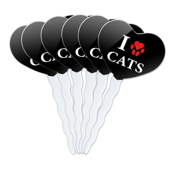 I Love Cats Heart with Paw Print Heart Love Cupcake Picks Toppers Decoration Set of 6