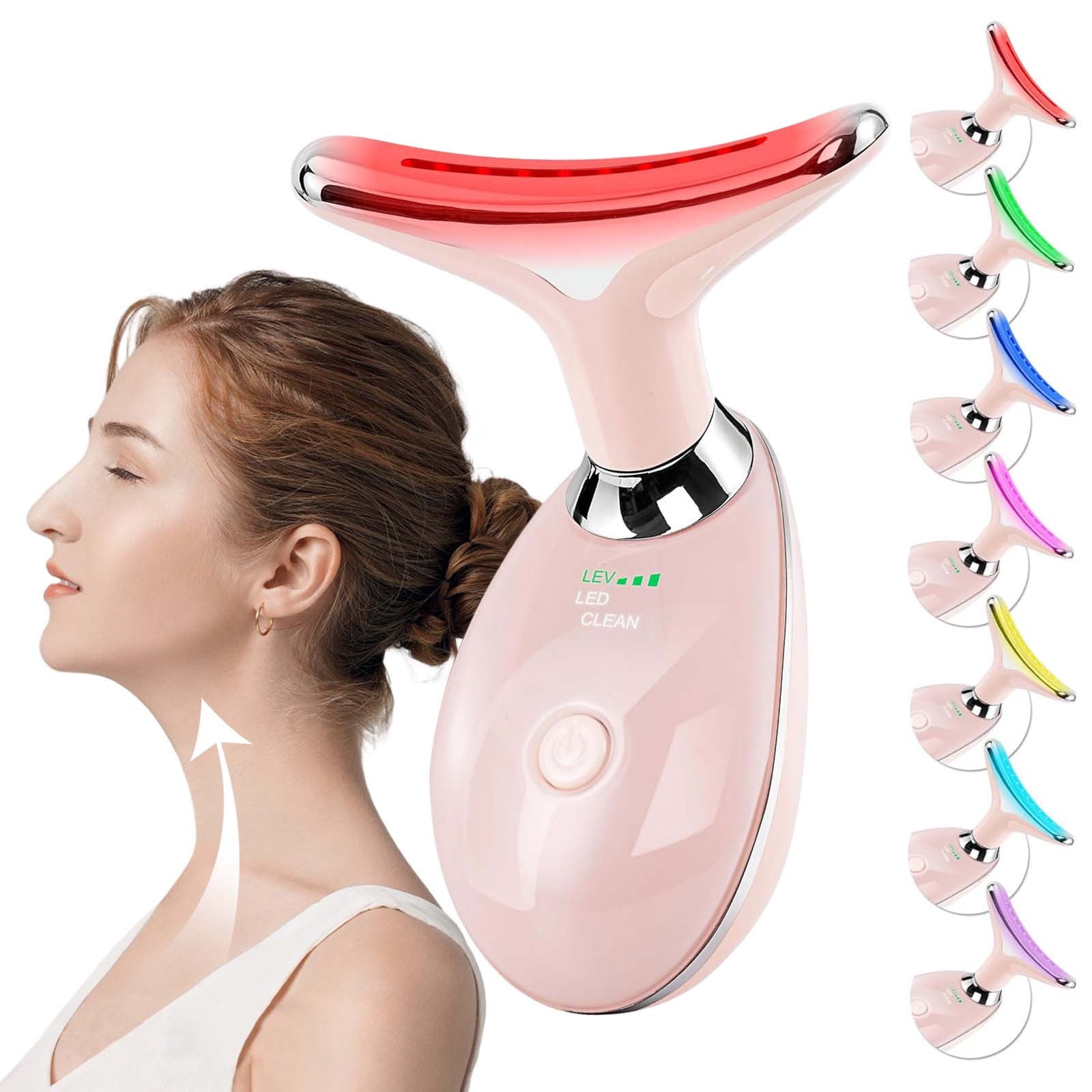 Pink 7 Color Led Facial Massager Wand Red Light Therapy Skin Lifting Device Neck Massager With 3 Speeds Usb Rechargeable 3.5X1.9X4.7 Inch