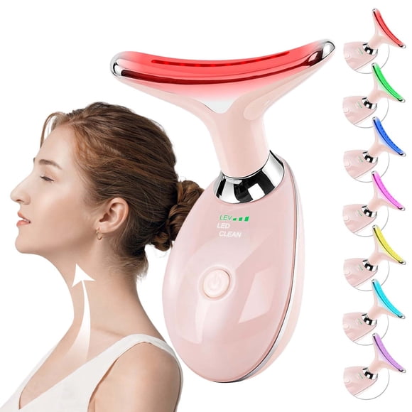 Facial Beauty Device, Based on Triple Action LED, Thermal, and Vibration Technologies, Facial Skin Care Tools, Red LED Light, 7 Color LED Face and Neck Beauty Device for Home Use, Pink