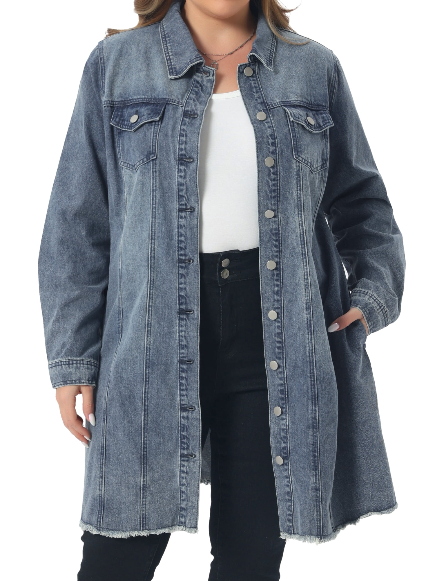 DARING DIVA Women's Plus Size Long Distressed Button Up Denim Jacket 4X Dusty Blue