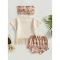thumbnail image 4 of Suealasg Newborn Baby Girls 3Pcs Summer Clothes Set Short Sleeve Cow Print Tassel T-shirt + Floral Shorts +Headband Set 6M 12M 18M 24M Infant Girls Western Outfits, 4 of 9