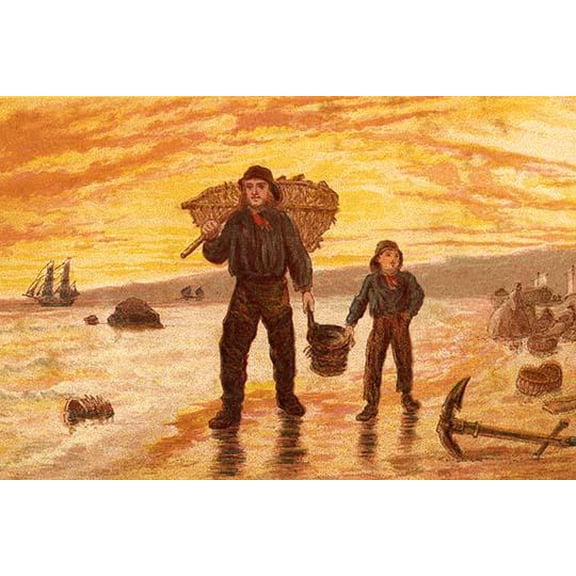 Fisherman & his son carry baskets on the beach past an anchor-Fine Art Canvas Print (20" x 30")