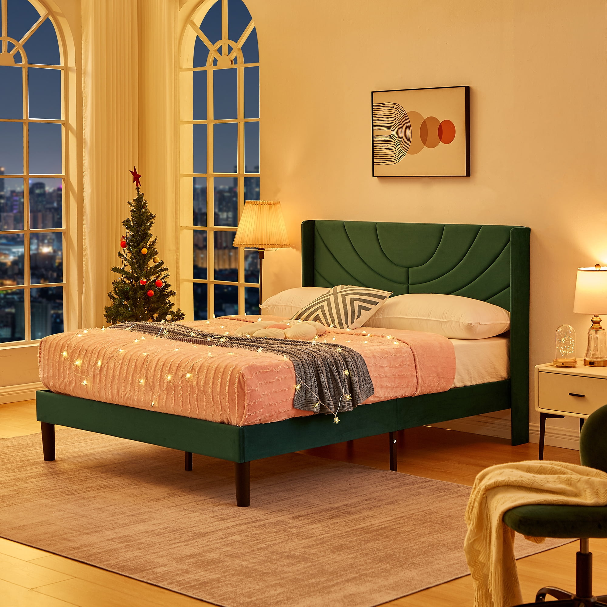 Taomika, Full Size Upholstered Height-adjustable Platform Bed Frame with Wingback Headboard-Dark Green