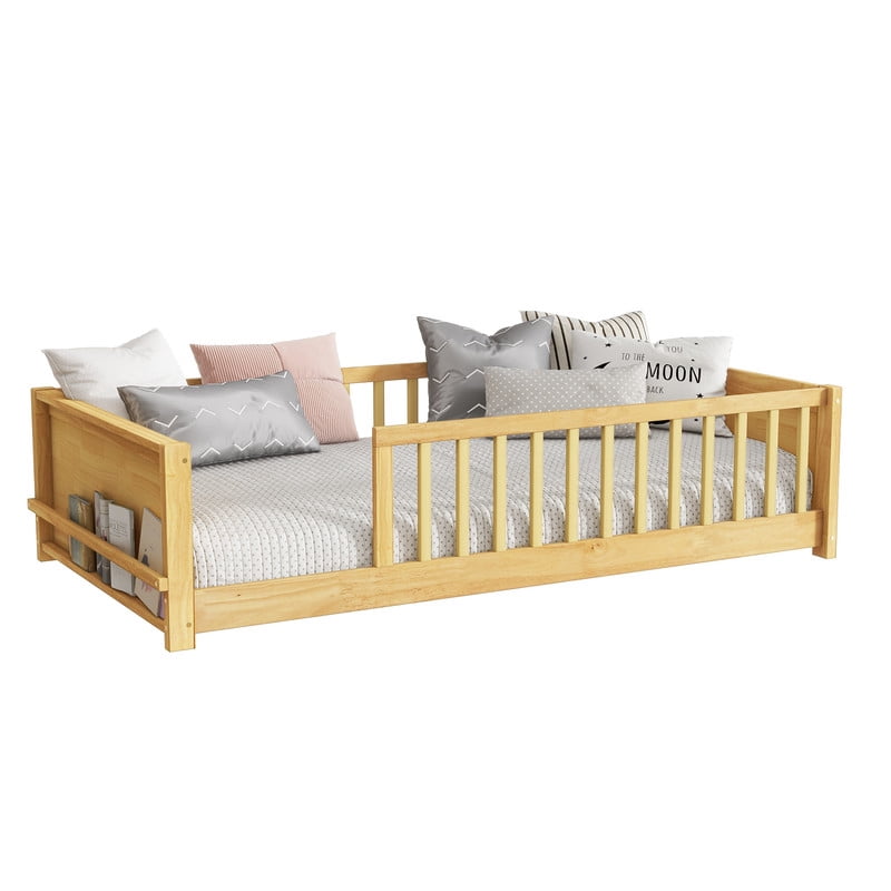 Mirightone Twin Size Floor Bed with Rails, Wood Montessori Floor Bed with Storage Bookcase, Montessori Bed Frame with Fence, Natural