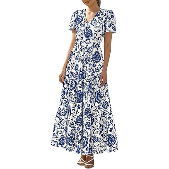 BTFBM Womens Summer Dresses V Neck Hollow Out Eyelet A Line Flowy Boho Beach Vacation Wedding Guest Maxi Dress