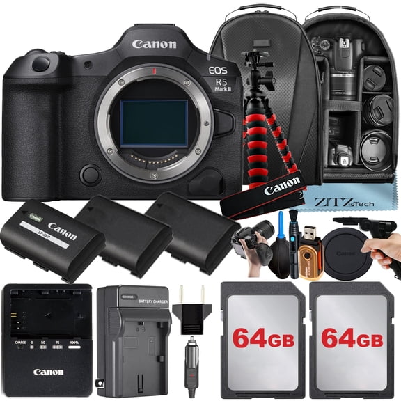 Canon EOS R5 Mark II Mirrorless Camera (Body Only) with 2 Pack 64GB SanDisk Memory Card   3 Pieces Battery   Backpack   Tripod   ZeeTech Accessory Bundle