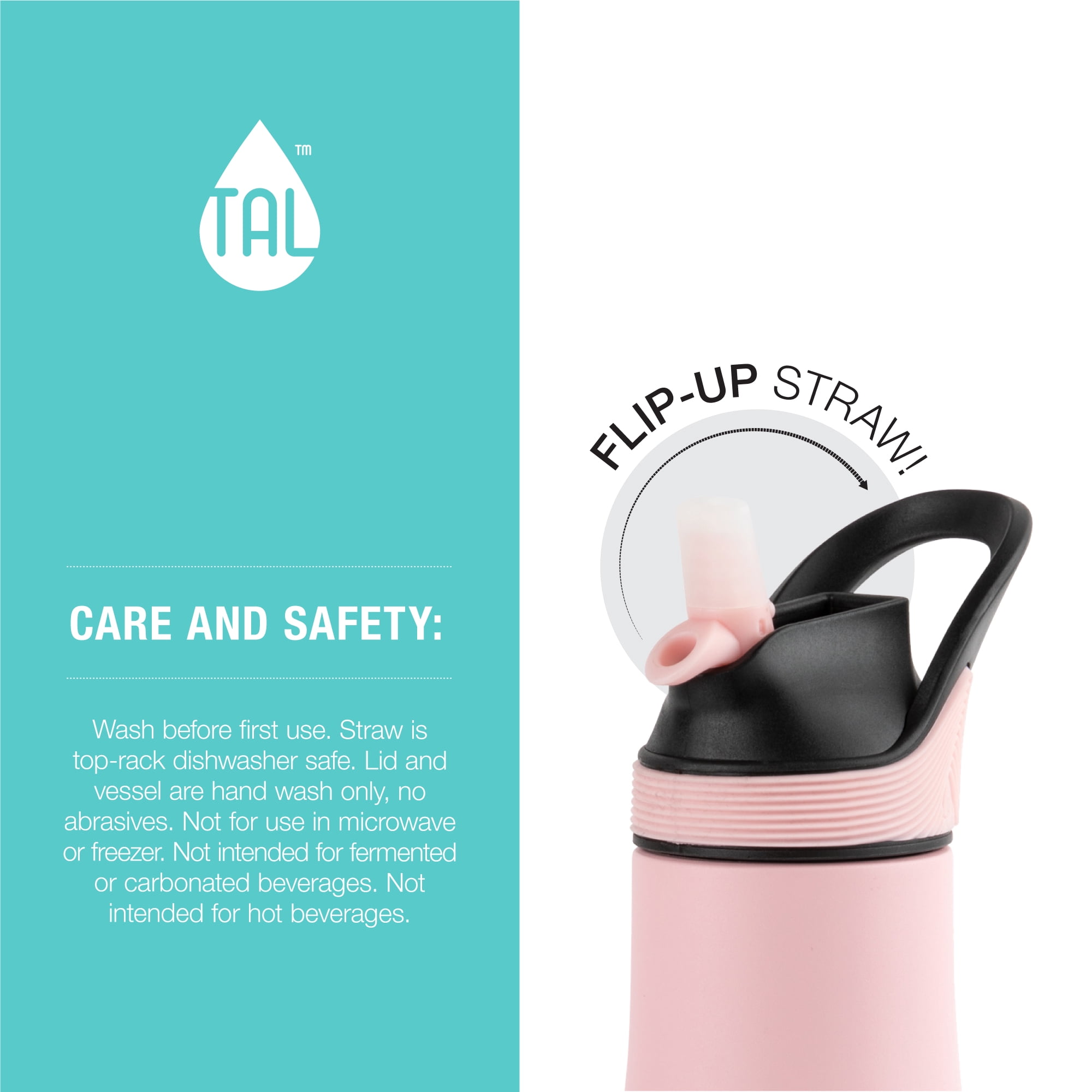 TAL Water Bottle Double Wall Stainless Steel Antimicrobial Flex Bottle 24oz, Pink