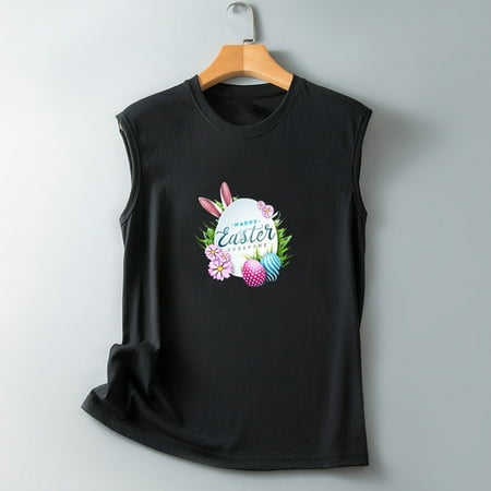 

XIAOFFENN Women s Fashion O-Neck Sleeveless Easter Print Tops