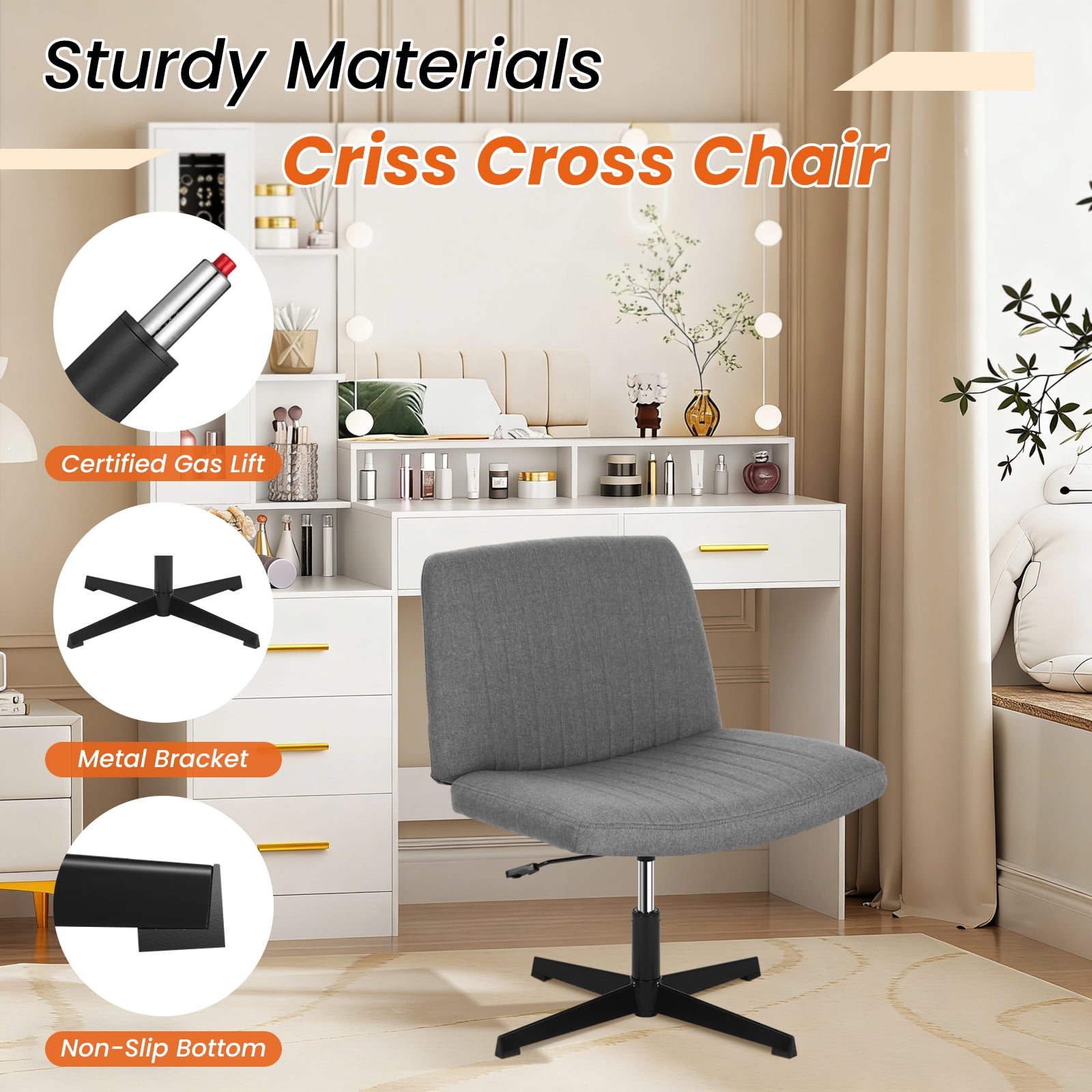 Dkelincs Criss Cross Chair Adjustable Wide Computer Desk Chair Armless Vanity Chair Modern Task Chair No Wheels, Gray