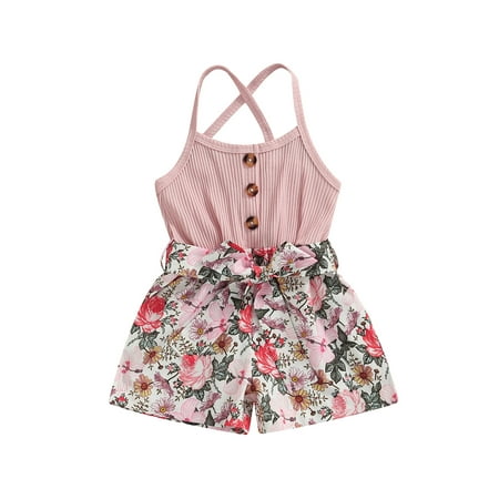 

jaweiw Toddler Baby Girls Summer Romper Flower Print Patchwork Sleeveless Spaghetti Strap Button Jumpsuit One-Piece Clothes with Belt