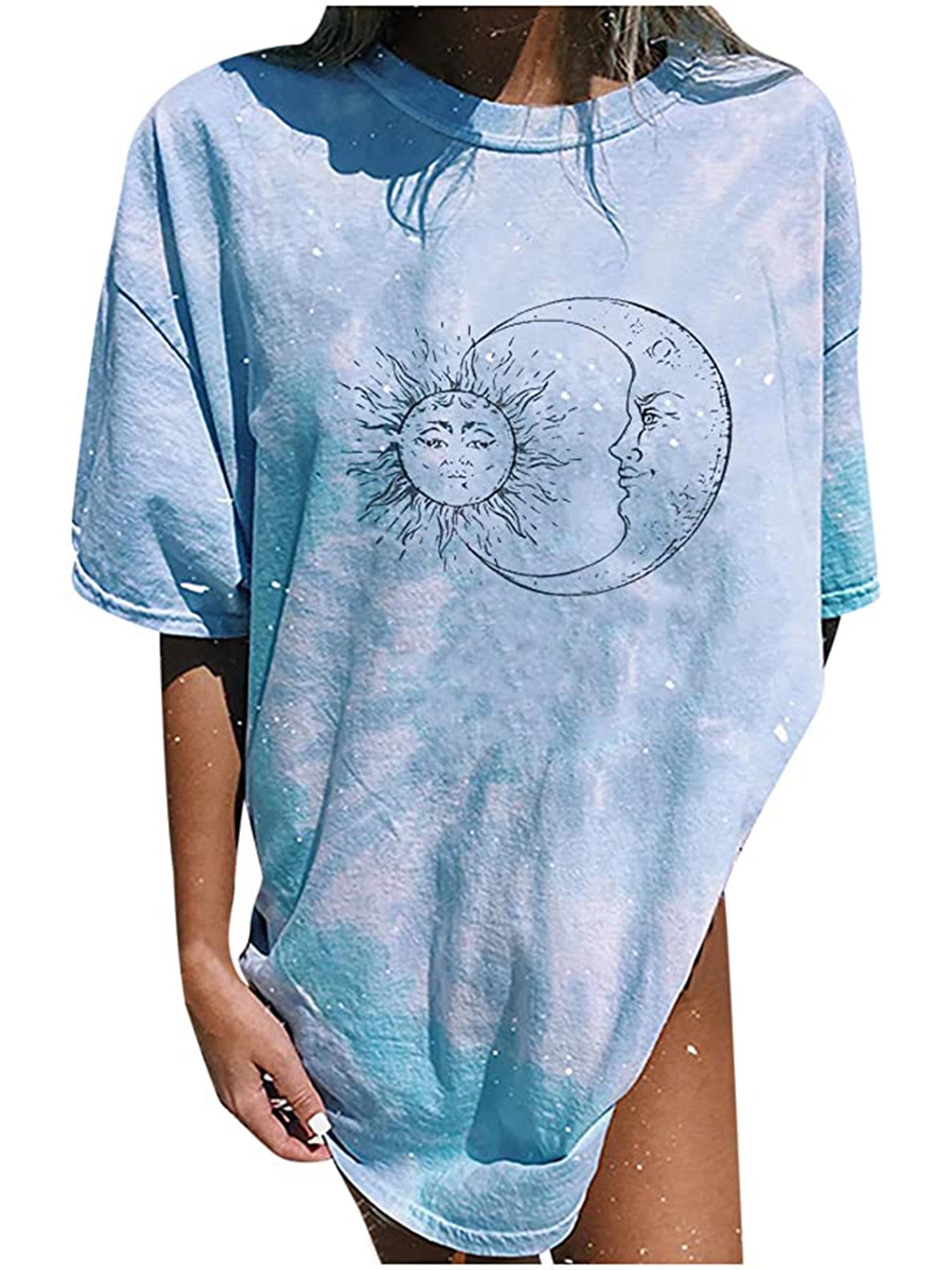 LADIGASU Womens Skull Oversized T Shirts Short Sleeve Casual Tops Teen Girls Moon Sun Printed Vintage Tunic Blouse