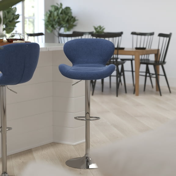 Merrick Lane Adjustable Height Barstool Contemporary Blue Fabric Bar Height Stool with Curved Back and Chrome Base with Footrest