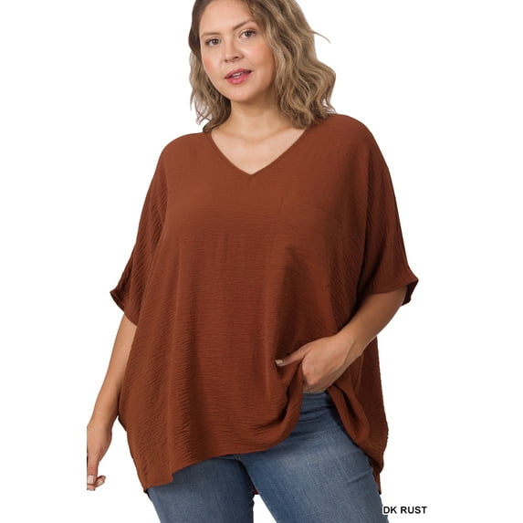 TheLovely Women & Plus V Neck Woven Airflow Dolman Short Sleeve Blouse Top with Front Pocket