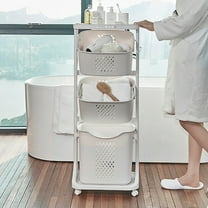 3 Tier Rolling Laundry Hamper Cart, Hollow Laundry Basket with Wheels Clothes Hamper with Portable Storage Organizer, Tier Basket Stand for Bathroom Laundry Room Dorm White