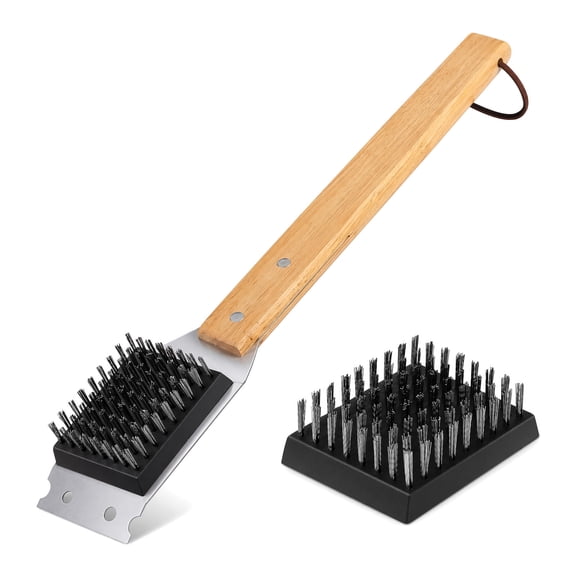WEAIZYS Grill Brush and Scraper for BBQ, Durable & Effective, Replaceable Stainless Steel Head, Wooden Handle Wire Grill Brush for Outdoor Grill, Barbecue Accessories