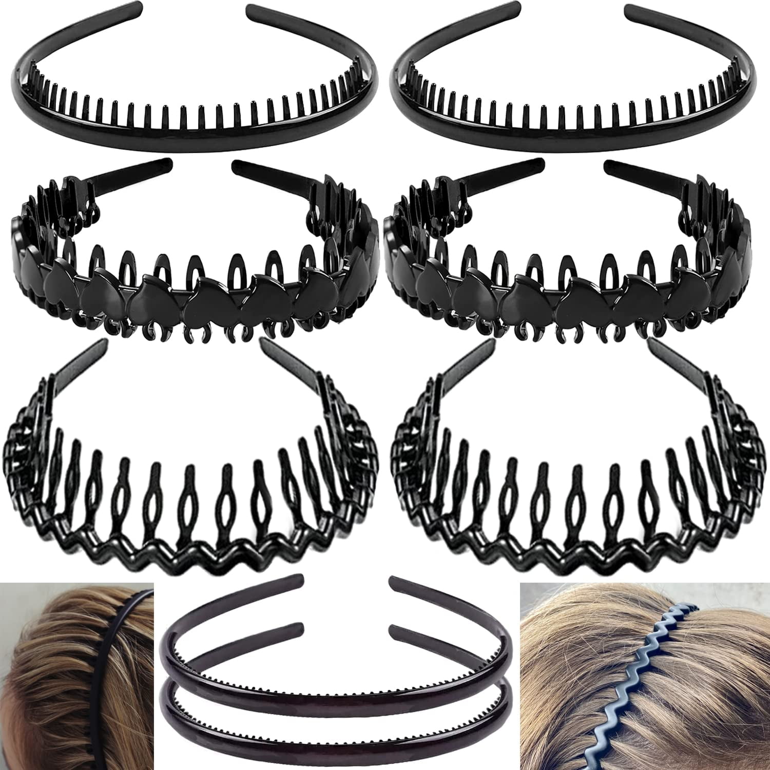 8 PCS Fashion Effortless Plastic Headbands with Teeth Comb Black Skinny