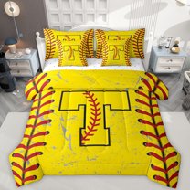Manfei Monogrammed T Theme 7 Pieces Bedding Comforter Set,Baseball Sport Full Bedding Set,Boys Ball Game Fitted Sheet Flat Sheet For Teens,Ultra Soft Bedroom Decor Reversible