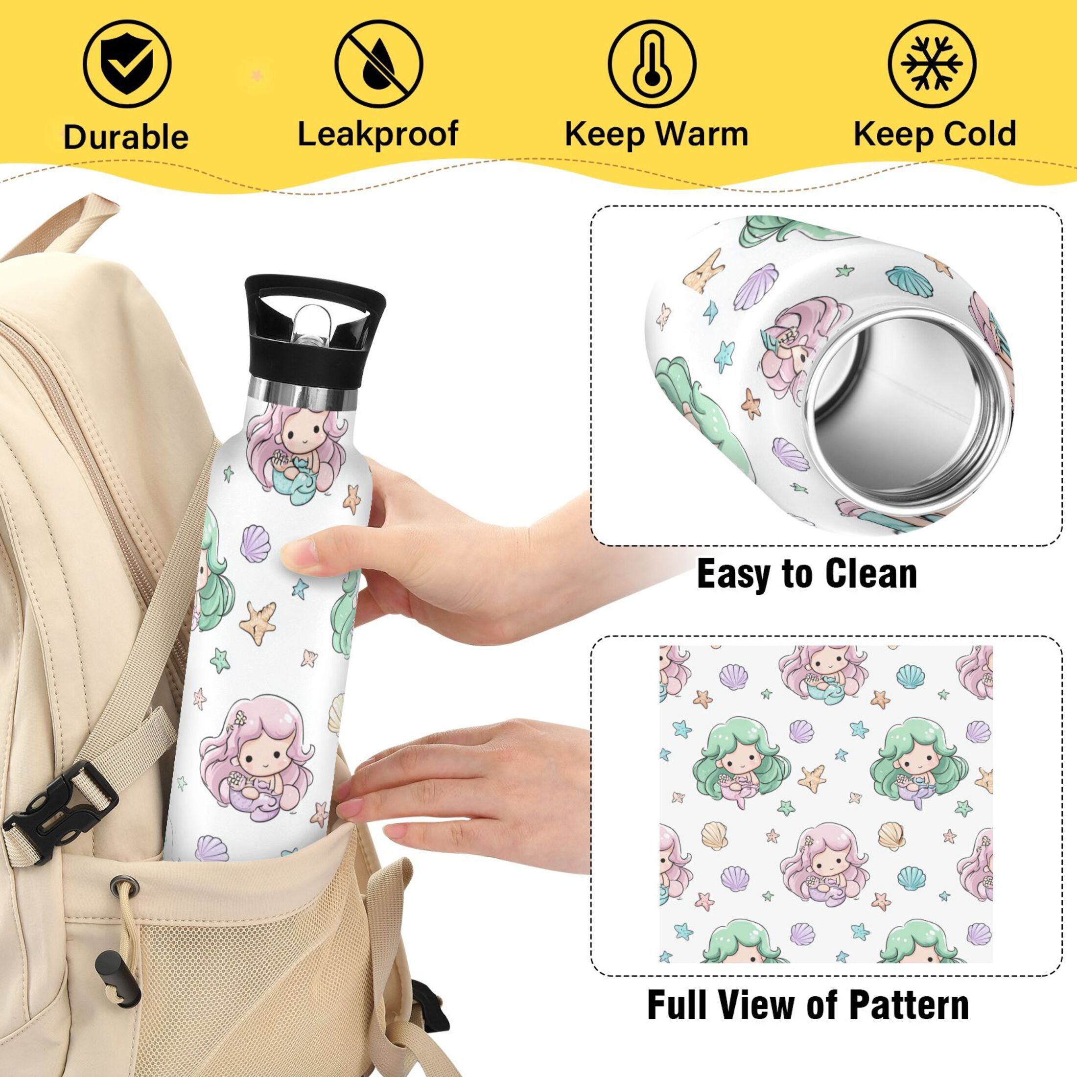 Kids Insulated Stainless Steel Sports Water Bottle 600ml (20oz) Cute Mermaid Pattern