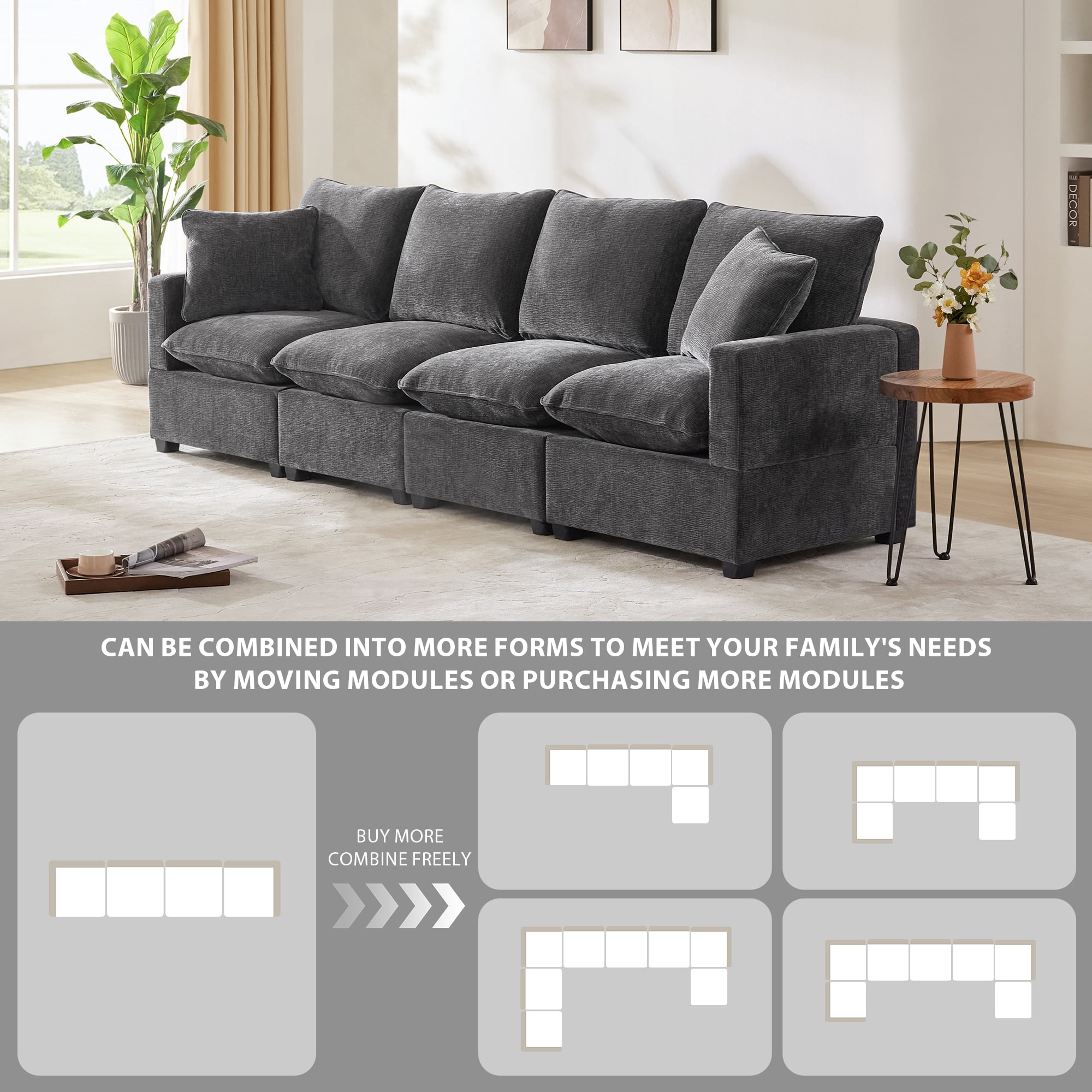 EUROCO 110" Modern Modular 4-seat Chenille Sofa Couch,Combinable Funiture with 2 Pillows, Large Sectional Couch for Living Room, Apartment, Office, Grey