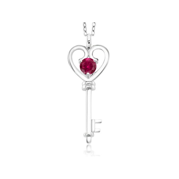 Gem Stone King 925 Sterling Silver Red Created Ruby Heart Key Pendant Necklace (0.60 Ct Round With 18 inch Silver Chain)